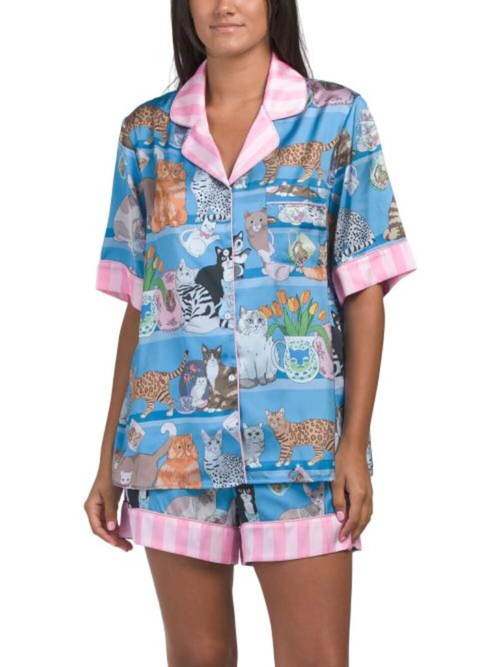 KAREN MABON 2pc Satin Cat Shelf Notch Collar Top And Shorts Pajama Set